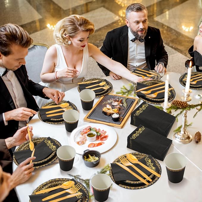 meekoo 350 Pcs Black Party Dinnerware Set Disposable Paper Plates for 50 Guests 9in and 7in Dinner Dessert Plates Napkins Gold Rim Plastic Cups Knives Forks Spoons for Party Wedding(Round Floral)