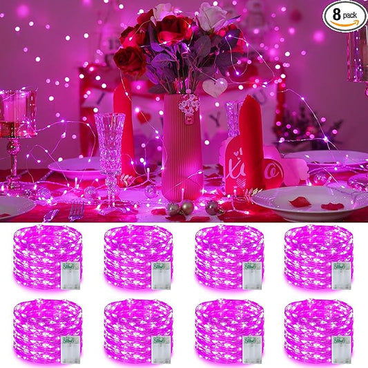 YEGUO Valentine Decor String Lights, 8 Packs Each 16ft 50 LED Fairy Lights Battery Operated, Christmas Lights Indoor for Bedroom Wedding Party Holiday Gift(Pink)