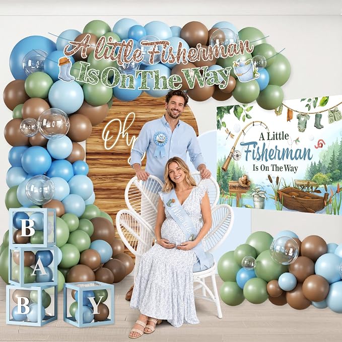 Fishing Baby Shower Decorations for Boy, All-in-one Fishing Party Decorations Includes Banner, Backdrop, Gone Fishing Balloon Arch, Cake Toppers, Tablecloth, Fisherman Welcome Baby Party Decor