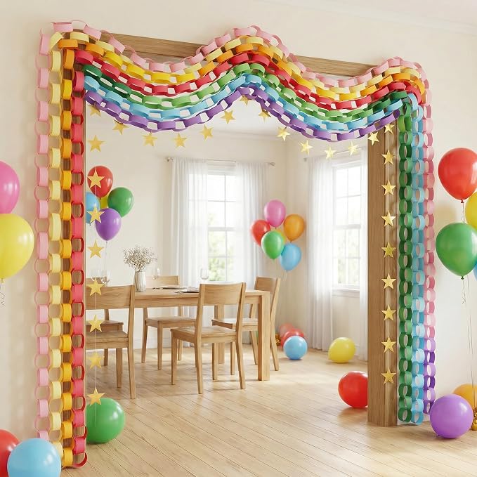700 Sheet Paper Chain Strips and Star Garland Set, Rainbow Paper Chains and 52 ft Gold Stars Decor with 492 ft Crepe Paper Streamers for DIY Crafts Pride Month Birthday Wedding Theme Party