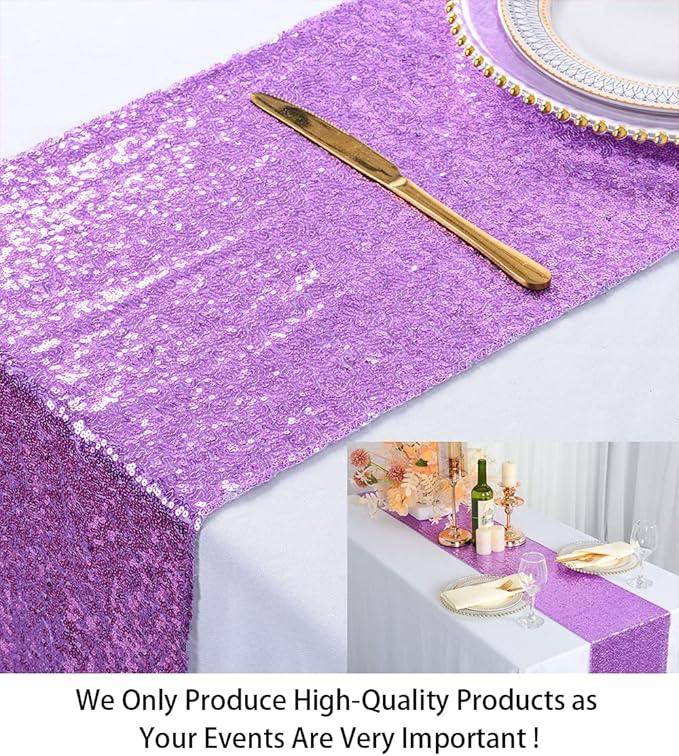 ShinyBeauty Lavender Table Runners Pack of 10 12" x 108" Sequined Table Runner- Glitter Fabric Light Purple Wedding Runner Party Supplies Shiny Table Decorations for Anniversary Birthday