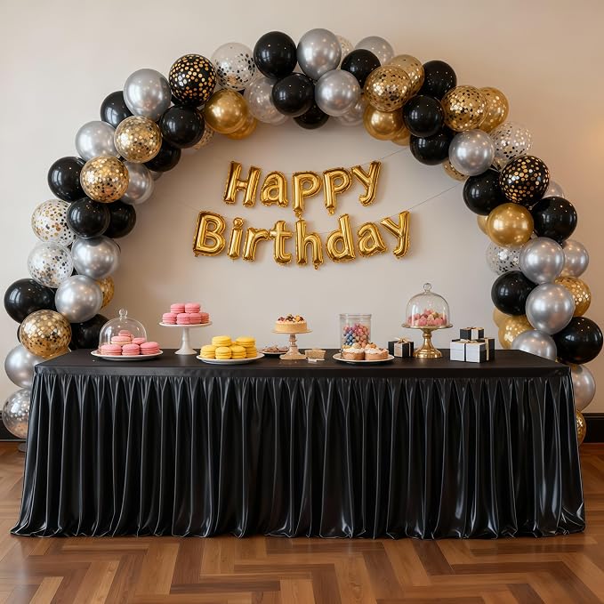 Wish Care 4 Pack Satin Table Cover Skirts for 6ft Rectangular Tables, Black Shimmer Silk Tablecloth with Floor Length Ruffle for Wedding Banquet Party Buffet Decoration