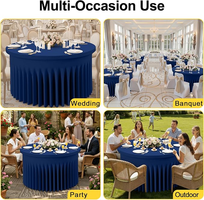 Smiry Round Spandex Tablecloth 2 Pack, Elastic Fitted Washable Tablecloths for 72 Round Tables, Waterpoof Stretch Table Cover Skirt for Outdoor, Wedding, Banquet & Parties, Navy