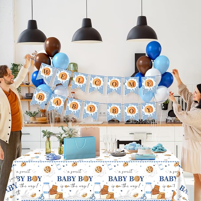 Milk and Cookies Baby Shower Decorations Kit:134 Pcs Welcome Baby Boy Plates Napkins Tablecloth Banner Hanging Swirls Cake Toppers Balloons Cookies Baby Shower Decorations for Boy