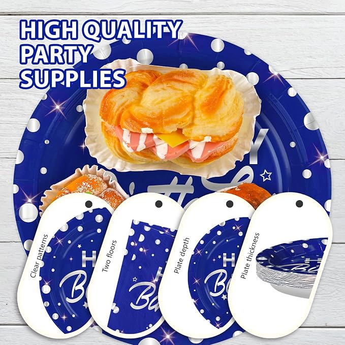 96Pcs Blue and Silver Birthday Party Decorations Silver Polka Dots on Blue Paper Plates and Napkins Disposable Tableware for Men Birthday Party Father's Day Graduation Decorations 2026 Serves 24