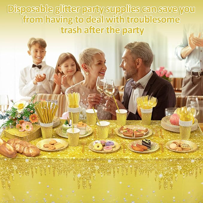 Funnymoom 452 Pcs Gold Birthday Party Decorations Include Golden Diamond Paper Plates and Napkins Cups Tablecloth Cutlery Straws Glitter Disposable Tableware for Birthday Anniversary Wedding