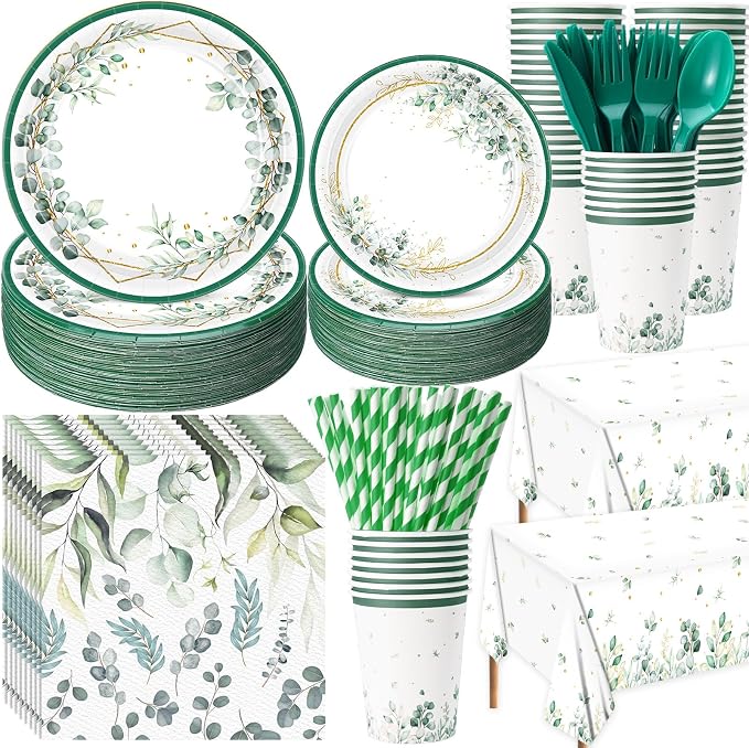 Funnymoom 452 Pcs Sage Green Party Decorations for 50 Guests, Eucalyptus Theme Paper Plates Napkins Cups Tablecloth Cutlery Straws for Bridal Baby Shower Birthday Wedding Party Decorations Supplies
