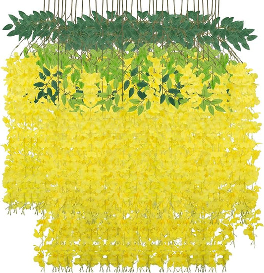 36 Pack Wisteria Hanging Artificial Flowers Fake Flowers Ratta Hanging Garland Silk Flowers String for Home Garden Party Wedding Backdrop Arch Decor (Yellow)