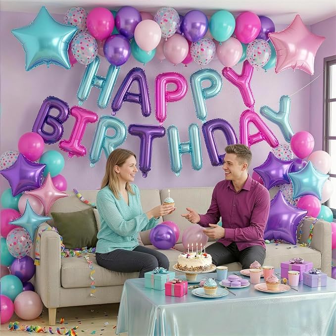 Pink Purple Blue Birthday Decorations Hot Light Pink Metallic Purple Teal Confetti Balloon Happy Birthday Banner Heart Foil Balloons 18/10 Inch Star Balloons for Girls Boys Bday Mermaid Party