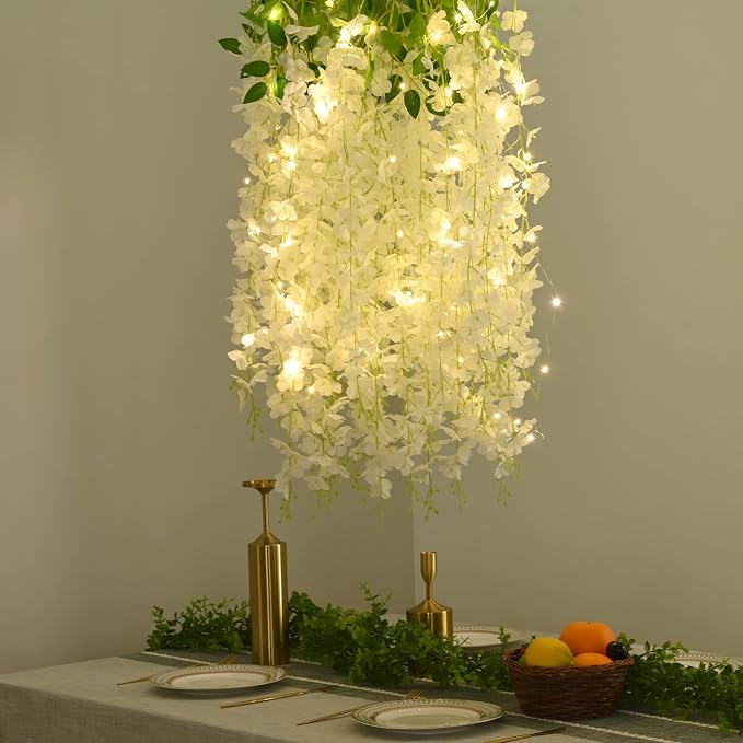 BLEUM CADE 10Pcs White Fake Wisteria Hanging Flowers with Lights, 3.6Ft/Pcs Artificial Wisteria Garland, Hanging Flowers for Wedding Party Home Backdrop Wall Decoration