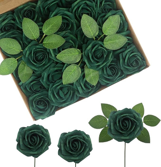 50Pcs Peacock Green Artificial Flowers Realistic Roses, Real Looking Fake Roses with Stem for DIY Wedding Bouquets Centerpieces Bridal Shower Party Home Romantic Decorations (Peacock Green, 50pcs)