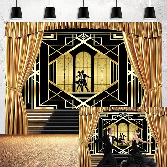 20x10ft Roaring 20s Backdrop for Photography Great 1920s Retro Roaring Party Decor Photo Background Wedding Black and Gold Golden Banner Decoration Birthday Briadal Shower Photo Shoot Booth Supplies