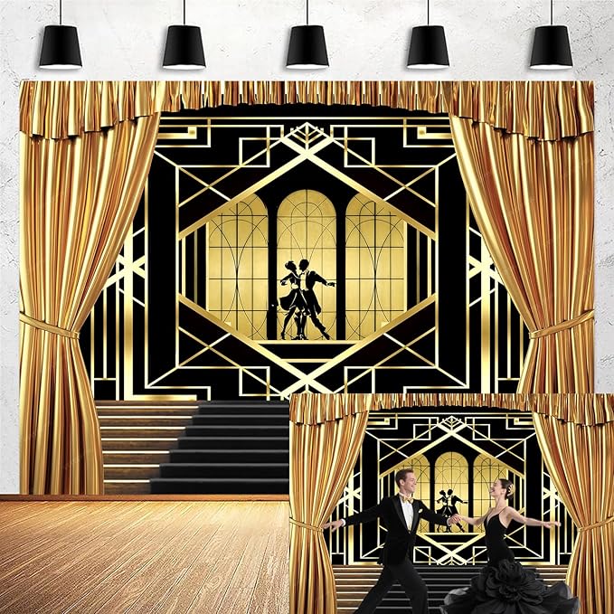 10x8ft Roaring 20s Backdrop for Photography Great 1920s Retro Roaring Party Decor Photo Background Wedding Black and Gold Golden Banner Decoration Birthday Briadal Shower Photo Shoot Booth Supplies