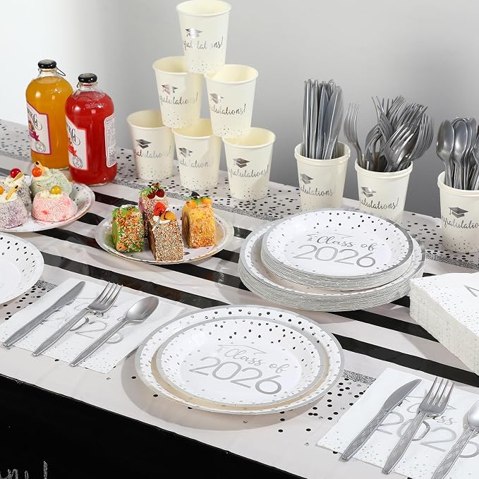 175pcs Class of 2026 Graduation Plates and Napkins Set, Disposable Paper Plate Set Polka Dots Napkins Cups Knife Fork Spoon for Graduation Party Decorations and Supplies,Serve 25 (White Silver)
