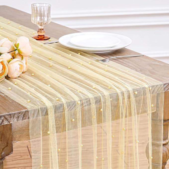 Pearl Gauze Table Runner Tulle Fabric: 10ft Seasonal Dessert Chiffon Pearl Lace Boho Overlay Wedding Veil Outdoor Wedding Aisle Runner Party Decorations Doilies, Light Yellow