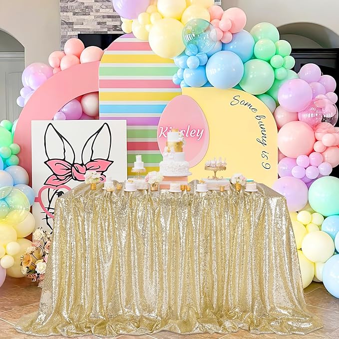 QueenDream Tablecloth Birthday Party Decorations: 50x80 Inch Sequin Tablecloth Light Gold Drapes Glitter Fabric Wedding Baby Shower Events Table Overlay