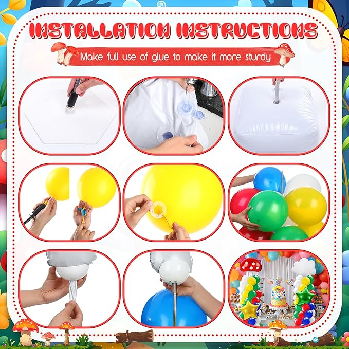 2 Sets Red Blue Green Yellow Balloon Column Stand Kit with Cloud Mushroom Star Coloful Balloons Arch Garland Kit for Cartoon Video Game Theme Birthday Party Supplies