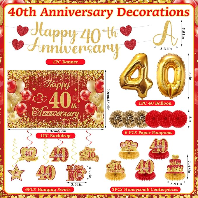 Red Gold 40th Wedding Anniversary Decorations Banner, 40th Anniversary Table Centerpieces Hanging Swirls Tissue Pompoms Foil Balloon for 40 Years Wedding Party Decoration Supplies