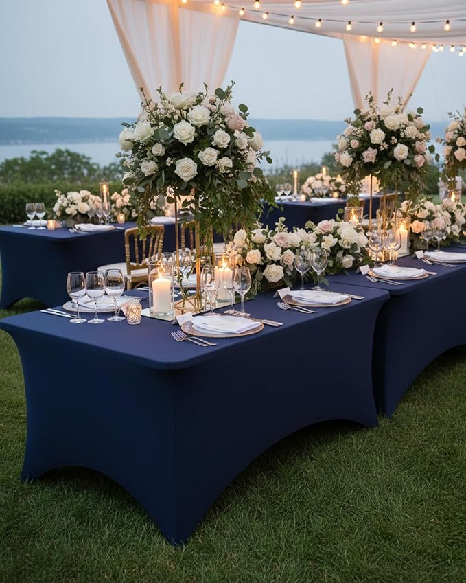 Fixwal Navy Blue Tablecloths for 8 Foot Rectangle Tables, 2 Pack Spandex Stretch Fitted Table Covers for Party, Trade Show, Banquet, Buffet, Graduation