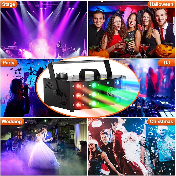 Hakuta Fog Machine Smoke Machine with 12 LED Colorful Beam Light DMX Light Control & Manual Control & Wireless Remote Perfect for Indoor Wedding, Halloween, Party and Stage Effect