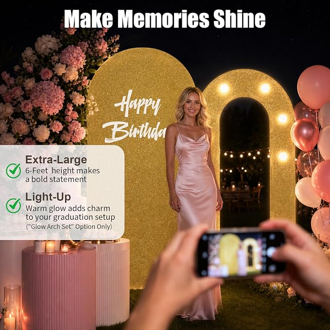 6FT Arch Backdrop with Stand Set, Lighted Arch Set, No-Tip Stability Glow Foam Board Photo Booth Background for Wedding Birthday Party Ceremony Baby Shower Banquet Decoration Reusable - BlackGold