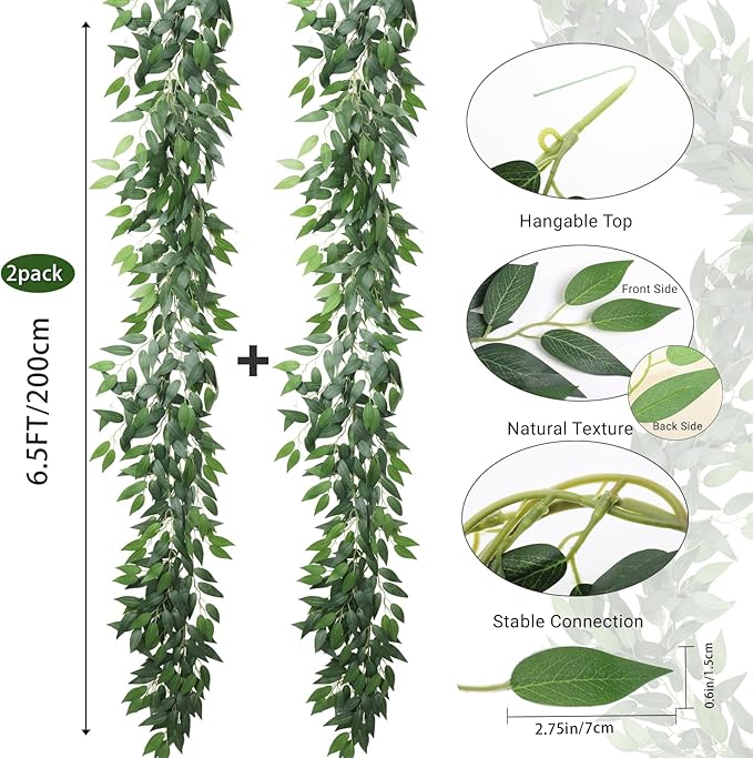 RECUTMS Fake Willow Leaves Vine Artificial Italian Ruscus Greenery Garland 2Pack 6.5FT Faux Hanging Silk Leaf Ivy Rattan for Home Office Wedding Garden Balcony Wall Window Indoor Outdoor Decor