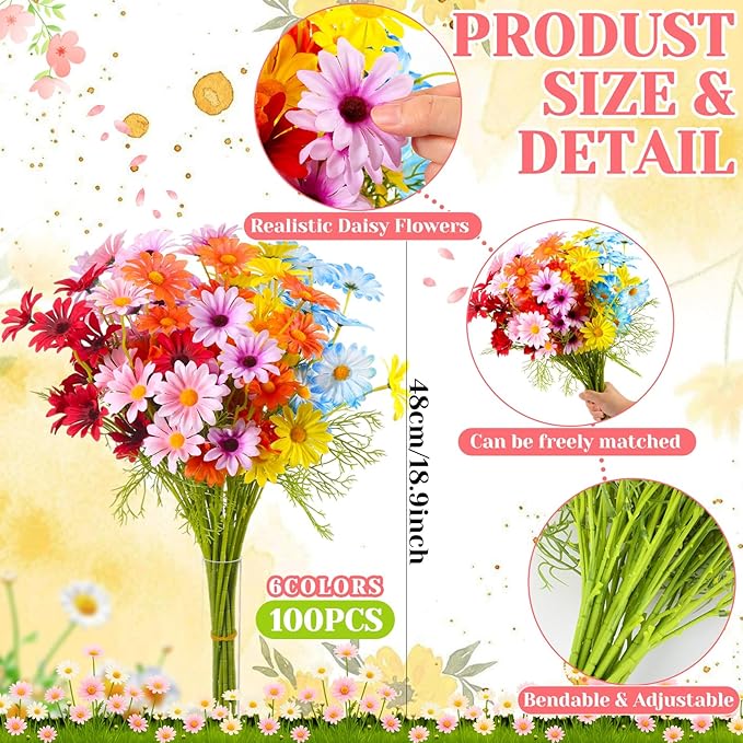 Giegxin 100 Pcs Artificial Daisy Flowers Bulk Realistic Fake Daisies Faux Wildflower Daisy UV Resistant Silk Fake Flowers Plants for Outside Wedding Garden Home Table Decor (Mix Colors)