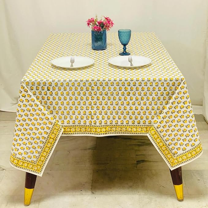 Ridhi Vintage Yellow Hand Block Print Cotton Rectangle Tablecloth 118" x 70" inches Reusable Table Cover Decorative Everyday Use for Dining Room, Farmhouse, Home Gift for Spring, Mother's Day