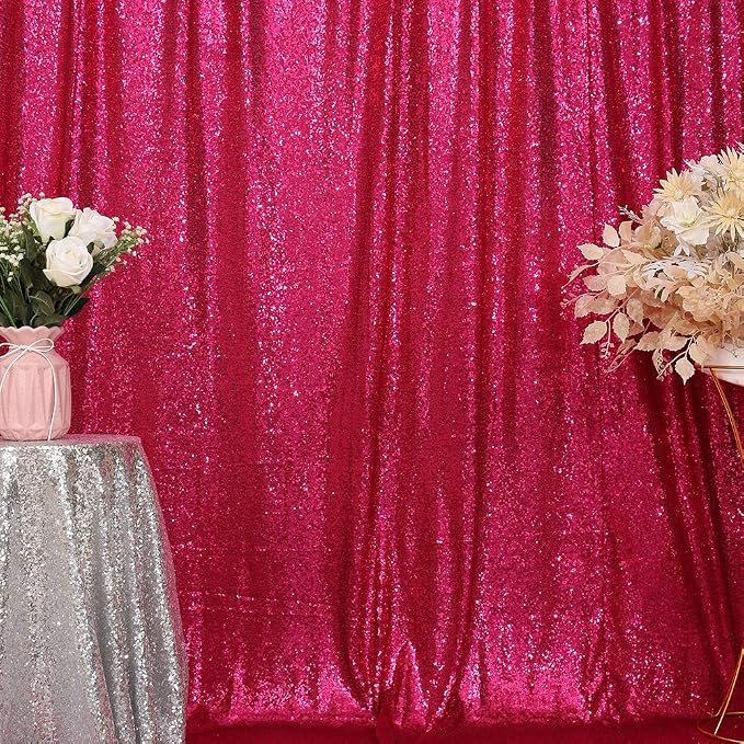 Eternal Beauty Hot Pink Sequin Backdrop, 8x8 Ft Glitter Background Curtains for Mother's Day Shimmer Photography Party Wedding Birthday Back Drop Decor