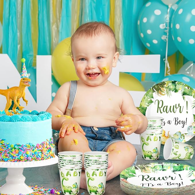 200 Pcs Dinosaur Baby Shower Paper Plates Napkins Cups Baby Shower Party Supplies Tableware Set Dinosaur Disposable Cup Napkin for 50 Guest Girls Spring Party Decoration