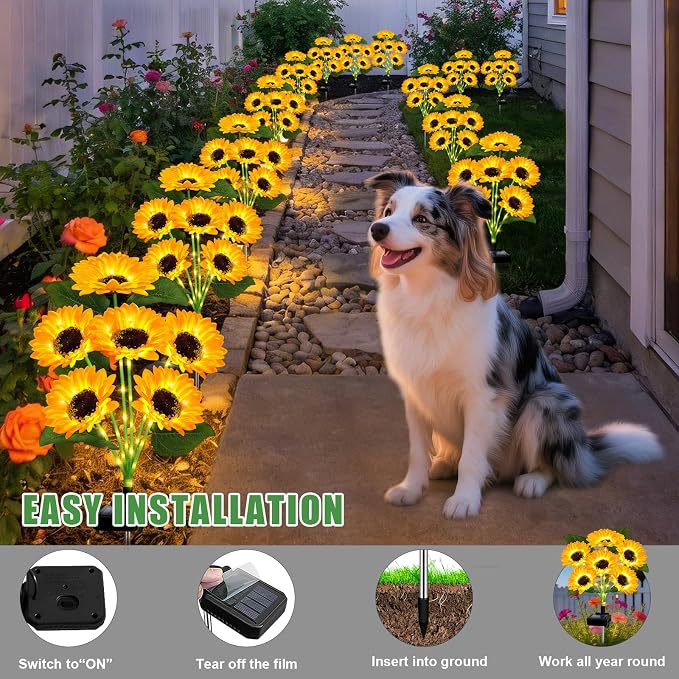 Solar Lights Outdoor Garden Decor,4 Pack with 24 Sunflower Lights,Solar Flowers Lights Waterproof,Birthday Gifts for Mom Women Grandma,Outside Decorative Stakes Light for Landscape Yard Patio Lawn