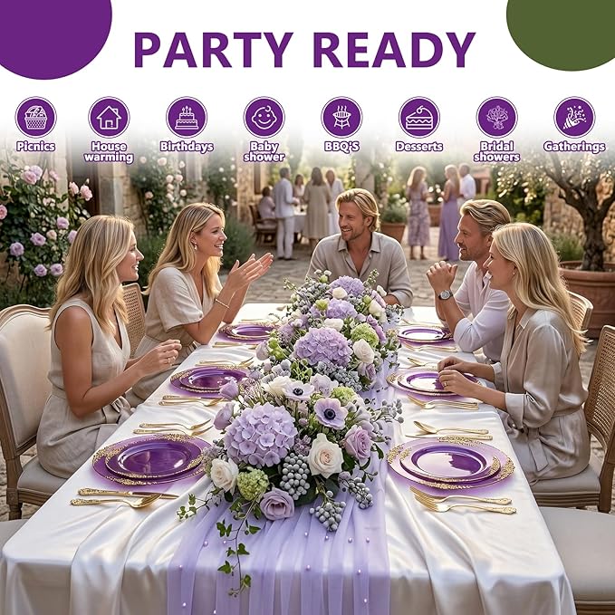102PCS Purple and Gold Plastic Plates - High End Purple Disposable Plate - Vintage Dinner & Dessert Plates for 51 Guests Birthday Party Wedding