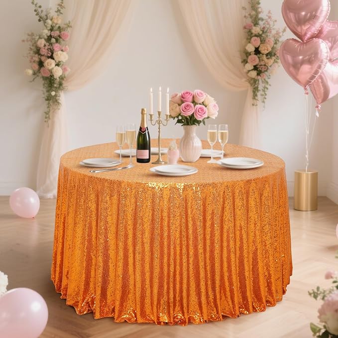 Eternal Beauty Orange Tablecloth, 120 Inch Round Sequin Tablecloth for Party Cake Dessert Table Exhibition Events