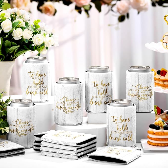 Qinyoung 50 Pieces Wood Grain Wedding Can Cooler Sleeves Bulk Engagement Party Favors for Guests Cheers to Love Laughter and Happily Ever After Rehearsal Dinner Decorations for Wedding Bridal