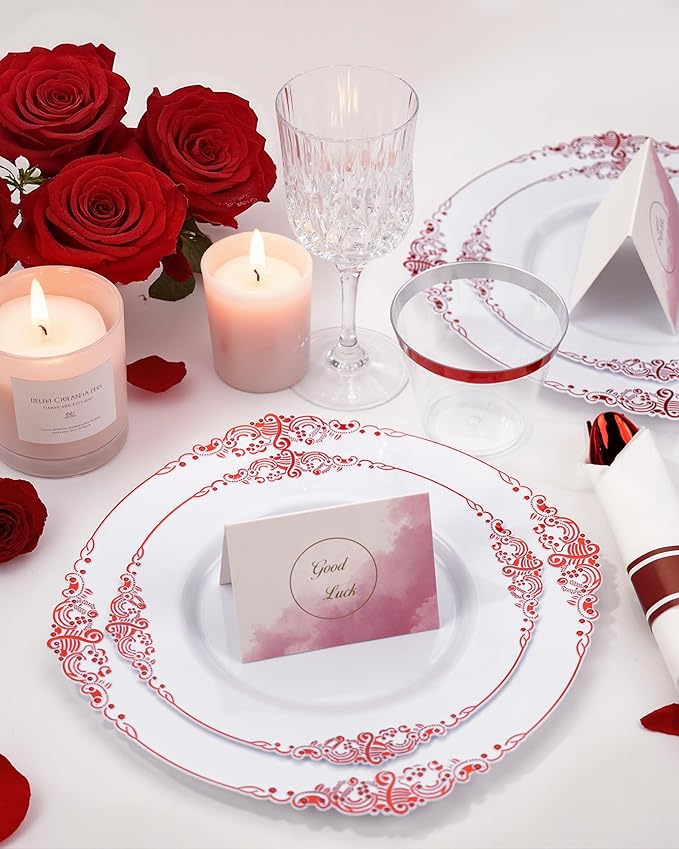 Nervure 175PCS Red Plastic Plates - White Red Plastic Dinnerware Sets for 25 Guests - 50 Red Disposable Plates, 25 Pre Rolled Cutlery Set, 25 Cups Perfect for Wedding, Party & Mother's Day