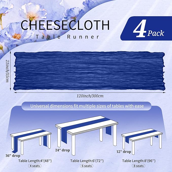 4 Pack Cheesecloth Table Runner 10FT Royal Blue Table Runner Boho Gauze Cheese Cloth Table Runners Long Rustic Sheer Table Decorations for Wedding Party Baby Bridal Shower Birthday Holiday Home
