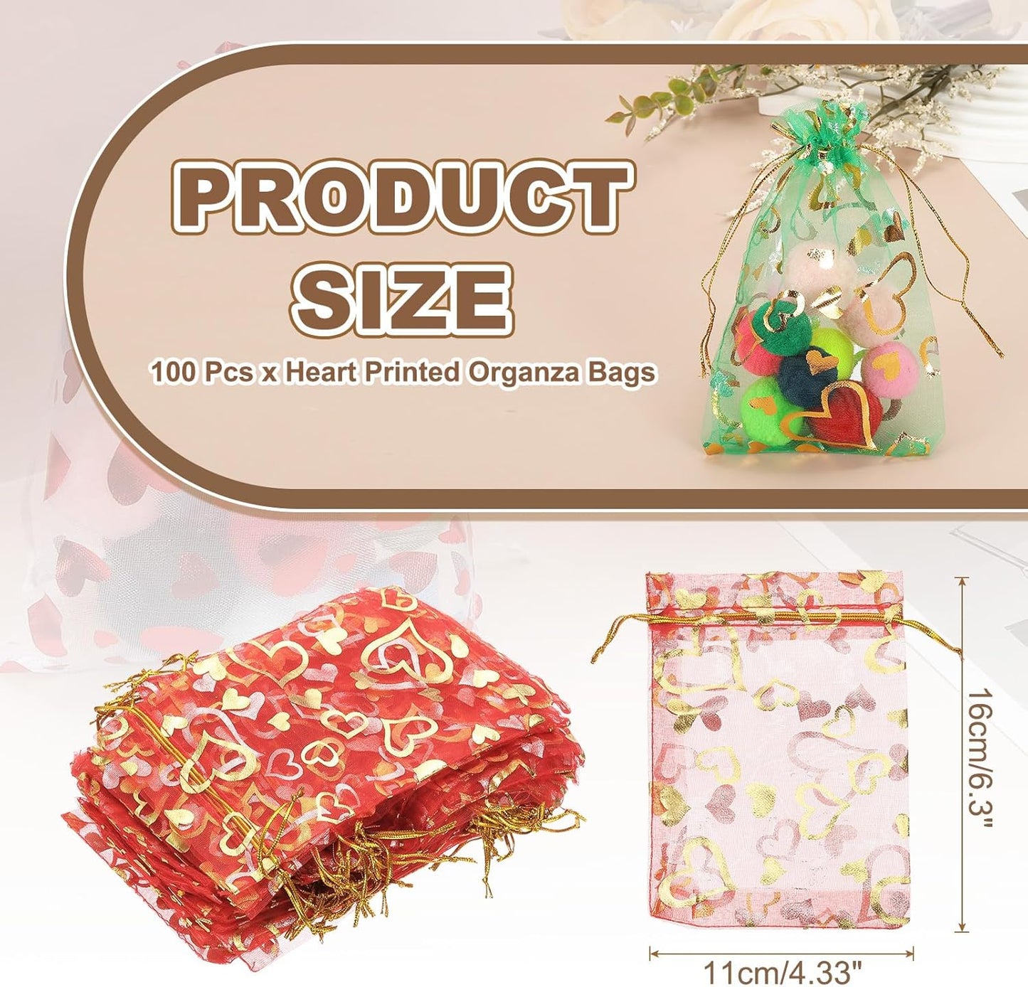 PATIKIL 100 Pcs 4x6 Inch Heart Printed Organza Bags, Red Sheer Heart Organza Bags with Drawstring for Christmas Candy Jewelry Party Wedding Favor Gift