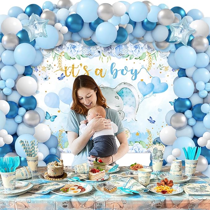Elephant Baby Shower Decorations for Boy, 224 Pcs Blue Baby Shower Supplies(20 Guest) Includes Paper Plate, Cups, Napkins, Forks, Balloon Garland, Tablecloth, Backdrop