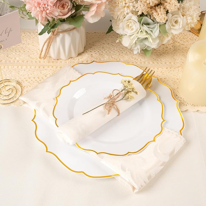 100 PCS Gold Dessert Plastic - 7.5 inch White & Gold Plastic for Party Cake Plates Elegant Heavy Duty Disposable Plates for Wedding & Party