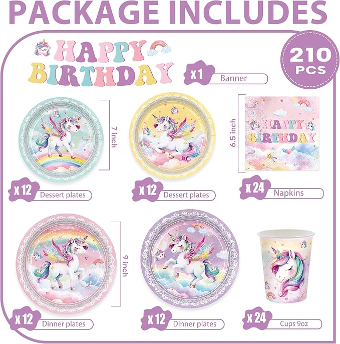 210pcs Unicorn Birthday Party Supplies Plates Napkins Unicorn Party Decorations Include Paper Plates Napkins Cup Cutlery Balloon Hanging Swirl Tablecloth Tableware for Girl Birthday Decor Serve 24