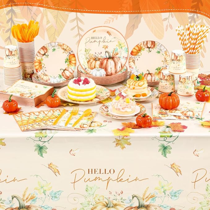 Funnymoom 452 Pcs Hello Pumpkin Thanksgiving Fall Party Supplies for 50, Thanksgiving Pumpkins Paper Plates Napkins Cups Tablecloth Cutlery Straws for Autumn Harvest Birthday Baby Shower Decorations