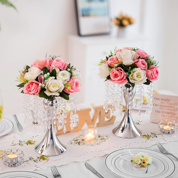 Silver Vase Stand Table: 10.2in Wedding Centerpieces, Set of 2 | High End Crystal Design Vase Stand for Wedding Party Reception Birthday Event Home, Tall Table Center Piece