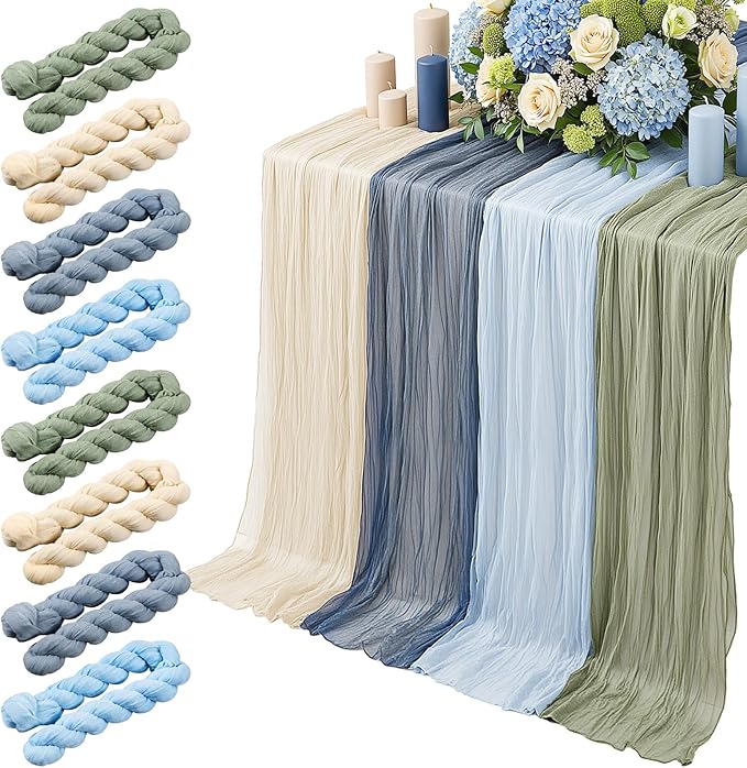 8 Pcs Sage Green and Dusty Blue Cheesecloth Table Runner Boho Gauze Cheese Cloth Runner 118" Rustic Table Decor for Wedding Bridal Baby Shower Anniversary Birthday Party Home Arbor Decorations