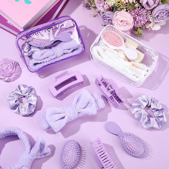 40 Pcs Bachelorette Favor Set Include Headband Scrunchies Hair Claw Clips Hairbrush and Makeup Bag for Bridal Shower Party Gifts Bridesmaid Wedding Supplies(White and Purple)