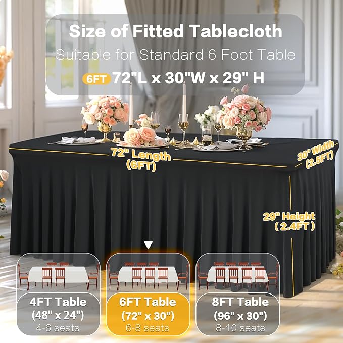 Shillance 8 Packs Black Spandex Table Covers 6 Foot, Fitted Stretch Table Cloth with Skirts 72x30 Inch, Wrinkle-Free Floor Length Rectangle Tablecloths for Weddings Parties Banquets Events