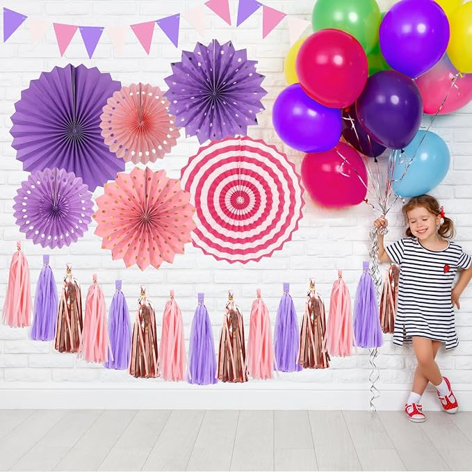Purple Party Decorations Set Neon Colored Pink and Purple Birthday Party Hanging Paper Fan Tissue Pom Poms Streamers Summer Party Supplies Tassel Garland Banner