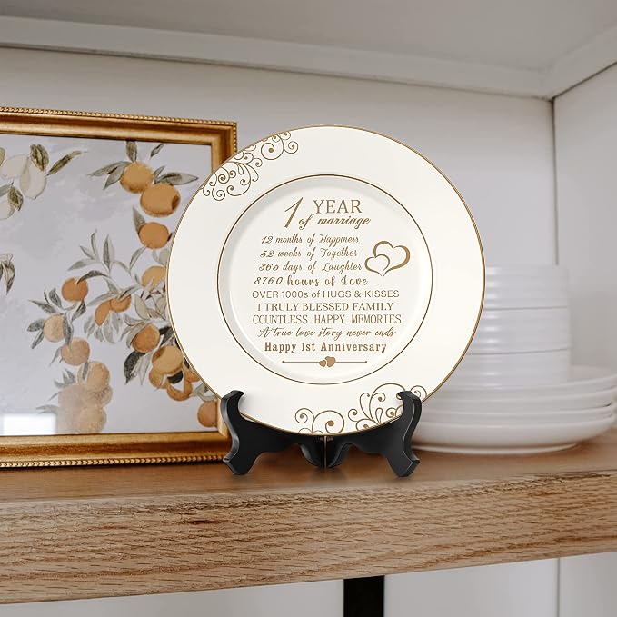 Urllinz 1st Anniversary Plate with 24k Gold Foil - 1 Year Paper Anniversary Wedding Gifts Decorations for Him Couples Wife Husband, Ceramic 9"