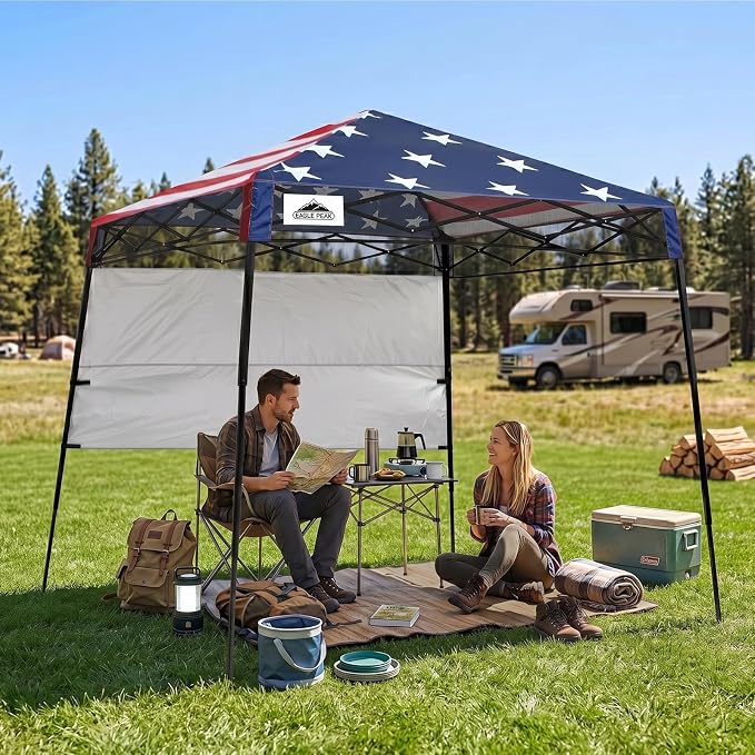 EAGLE PEAK 8x8 Pop Up Canopy Tent with Sidewall, Compact, Portable Slant Leg Instant Sun Shelter for Beach, Sports, & Camping, 8x8 Base 6x6 Top, American Flag