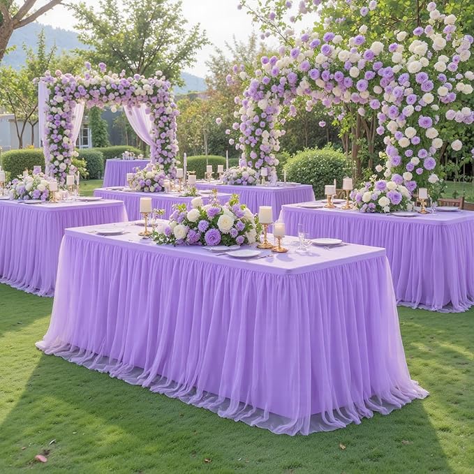 Suppromo 2 Pack 8ft Lavender Tulle Tablecloths for Rectangle Tables 8 Foot Rectangular Table Cloth Wrinkle Free Tablecover with Tutu Skirt for Wedding Baby Shower Birthday Party Banquet Buffet Cake