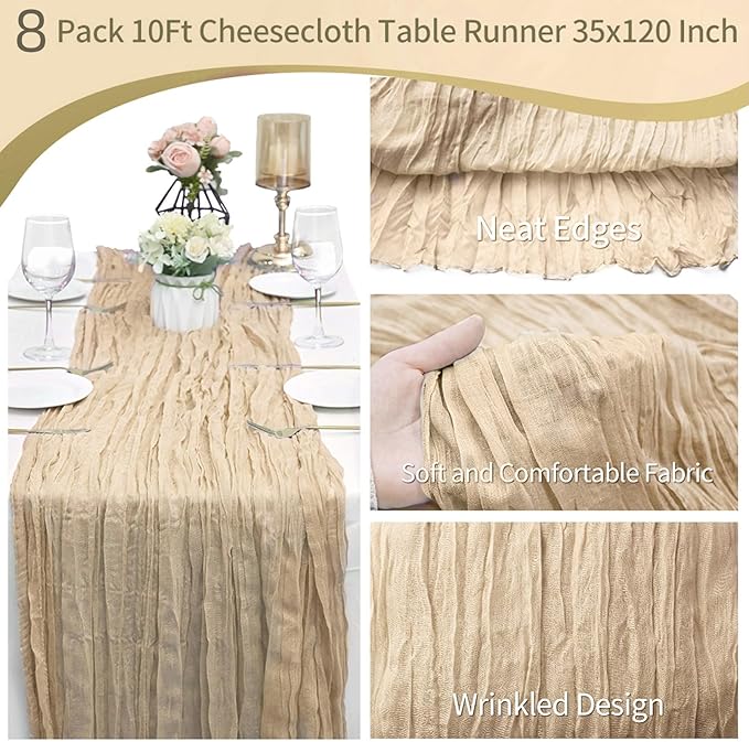 8 Pack Ivory Cheesecloth Table Runner 10Ft Gauze Cheese Cloth Table Runner 35x 120Inch Romantic Boho Table Runners for Wedding Birthday Party Bridal Baby Shower Engagement Anniversary Table Decoration